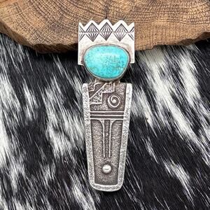 2009 JOEL PAJARITO Santo Domingo Tufa Cast Silver Turquoise Corn Maiden Pendant